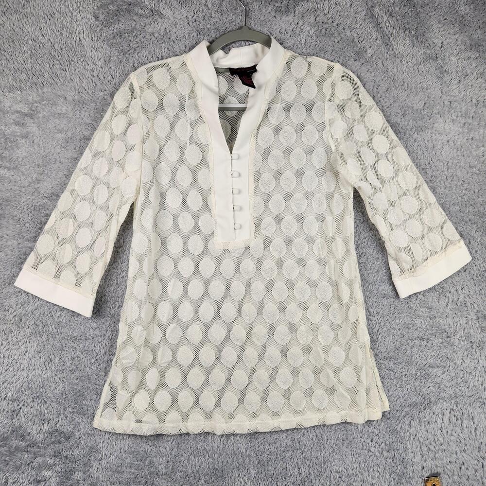 Vintage Polka Dot Blouse Womens Small White Sheer Mesh Tunic Top Henley Boho Y2k